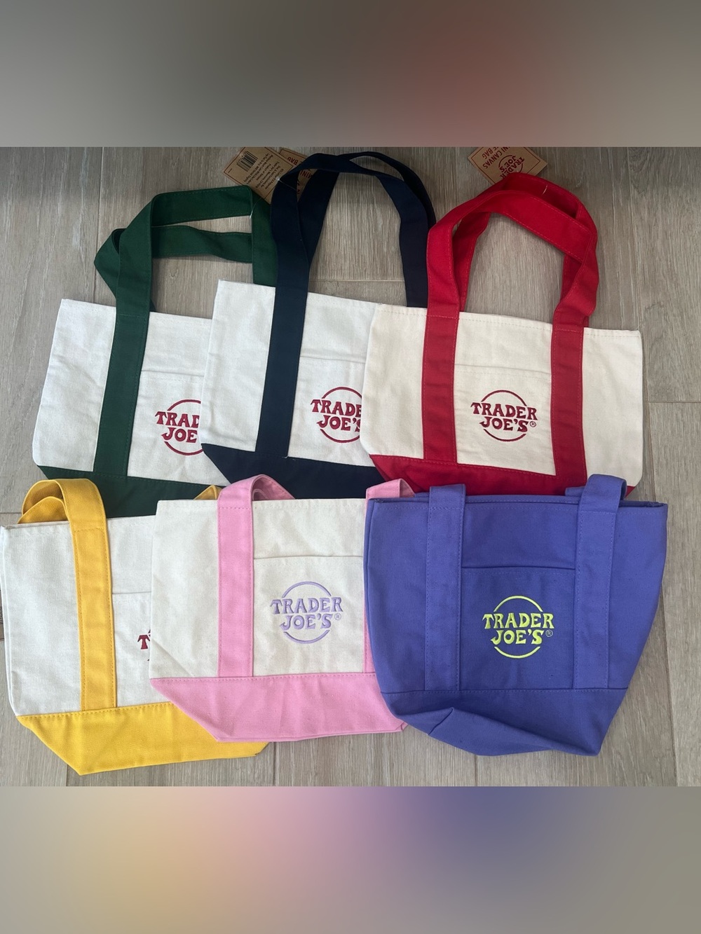 Trader Joe’s mini canvas Tote Bags Purple, Pink, Yellow, Red, Green, Navy